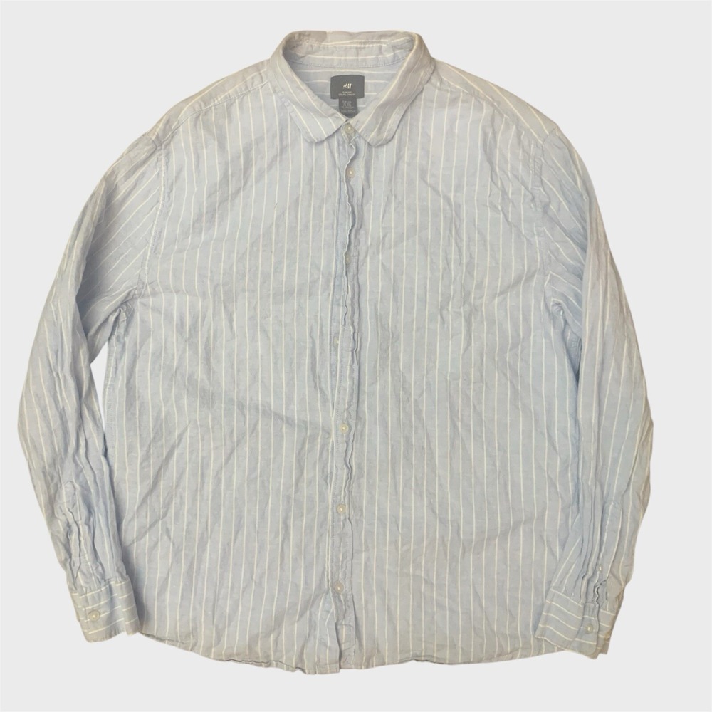 H&M Men's XXL Linen Blend‎ Shirt Blue White Striped Slim Fit  Summer Lightweight